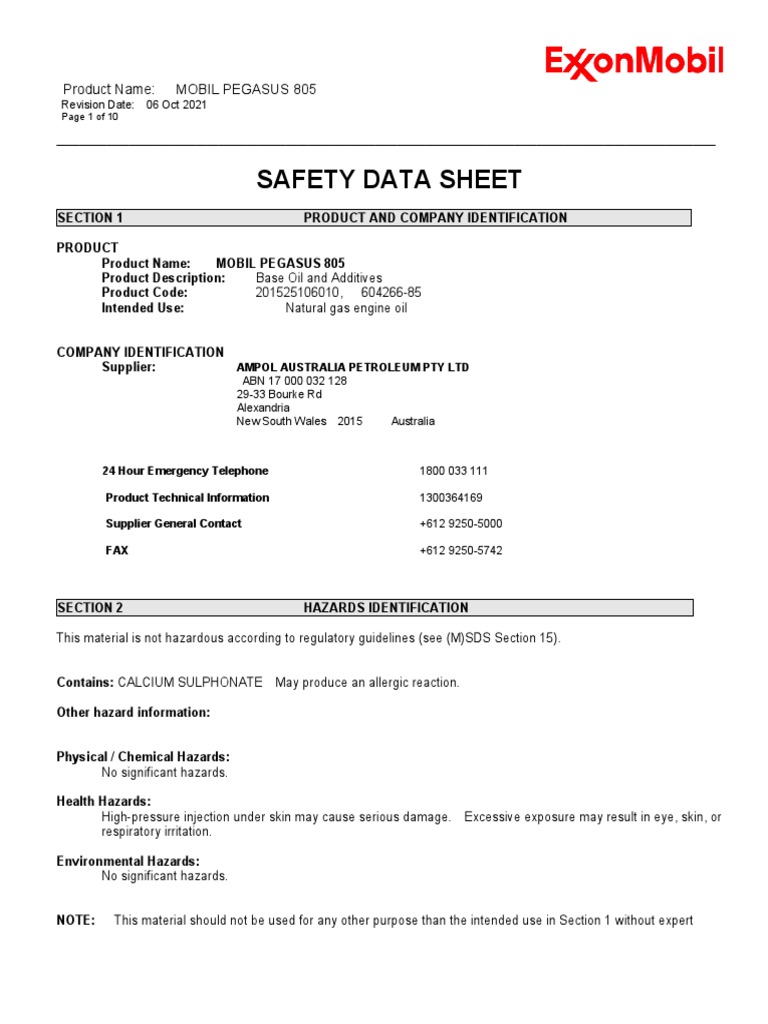 Safety Data Sheet Product Name MOBIL PEGASUS 805 PDF Firefighting
