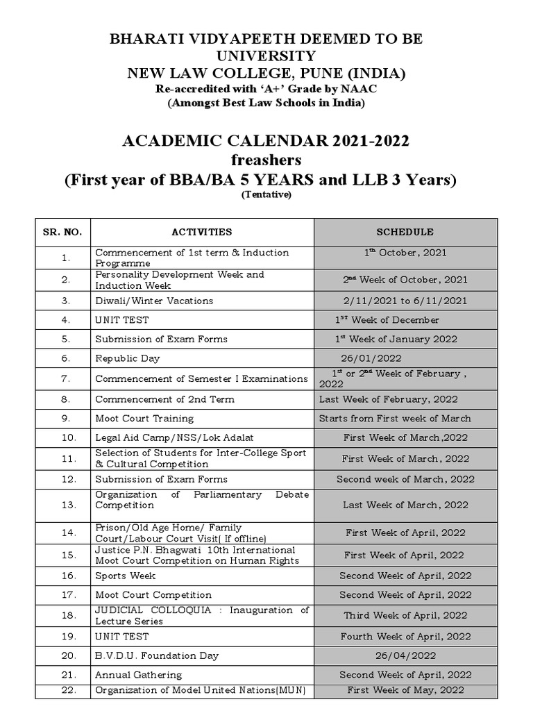 ACADEMIC CALENDAR 20212022 Freashers (First Year of BBA/BA 5 YEARS and