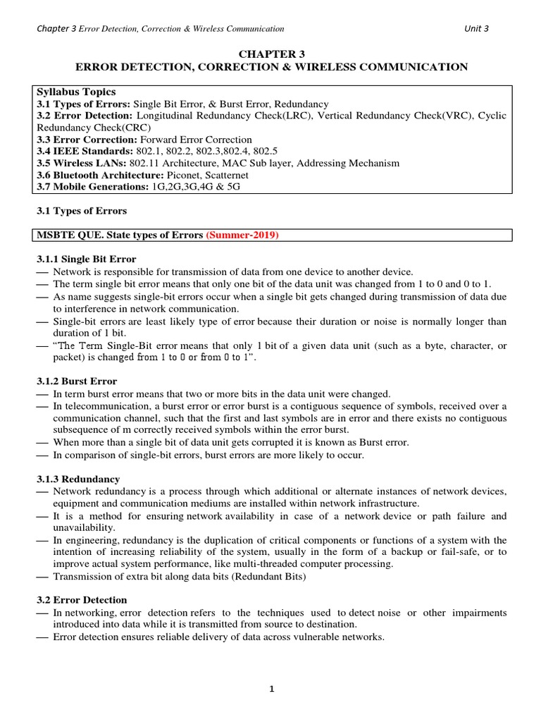 Chapter 3 ERROR DETECTION, CORRECTION & WIRELESS COMMUNICATION | PDF ...