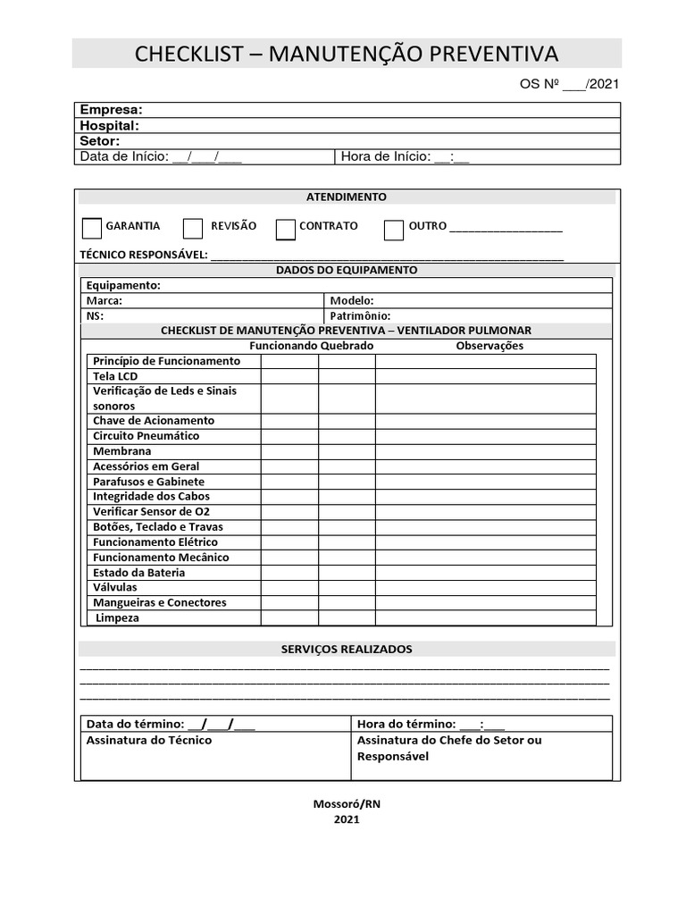 Checklist de Manutenção Ventilador Pulmonar | PDF