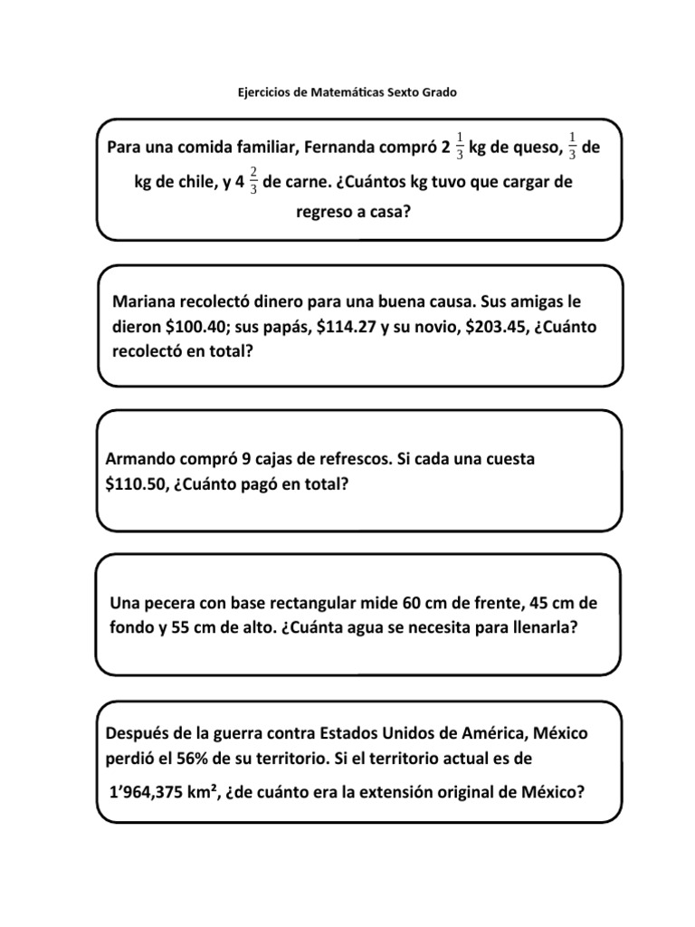 Ejercicios de Matemáticas Sexto Grado | PDF | Cocina, comidas y vino