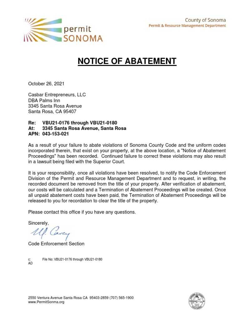 Sonoma County Notice of Abatement PDF Notary Public Civil Law