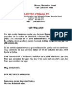 Certificado de Carta de Trabajo Electro Vegana A Rosanna Mordan Batista
