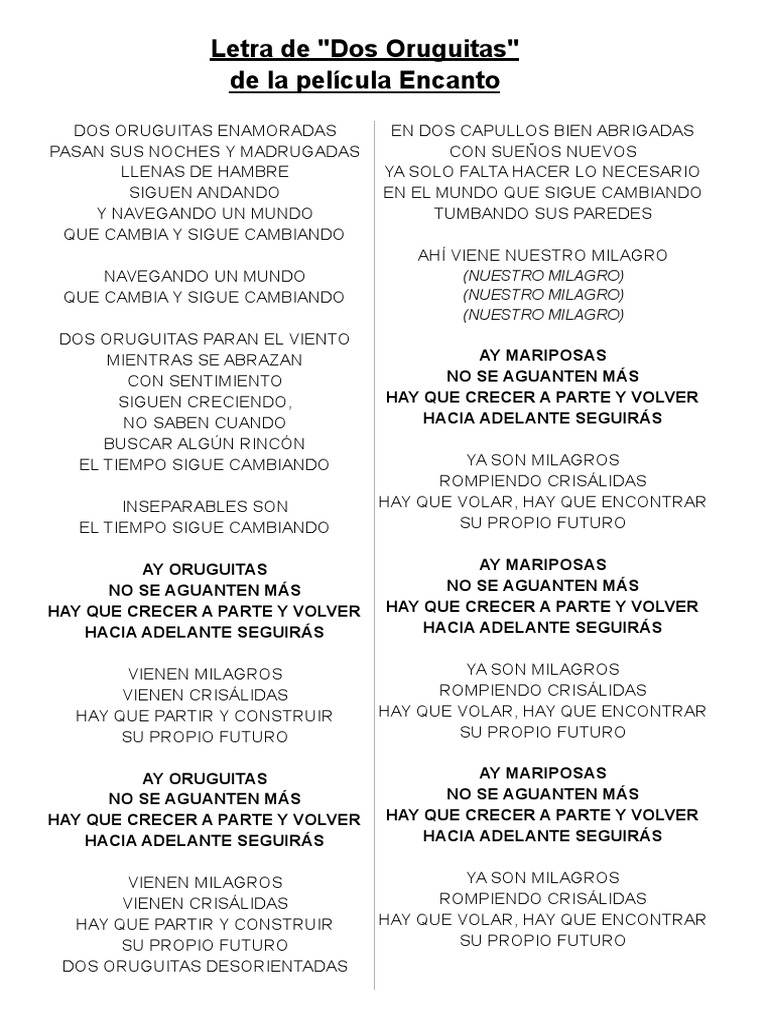 Letra de dos oruguitas encanto pdf