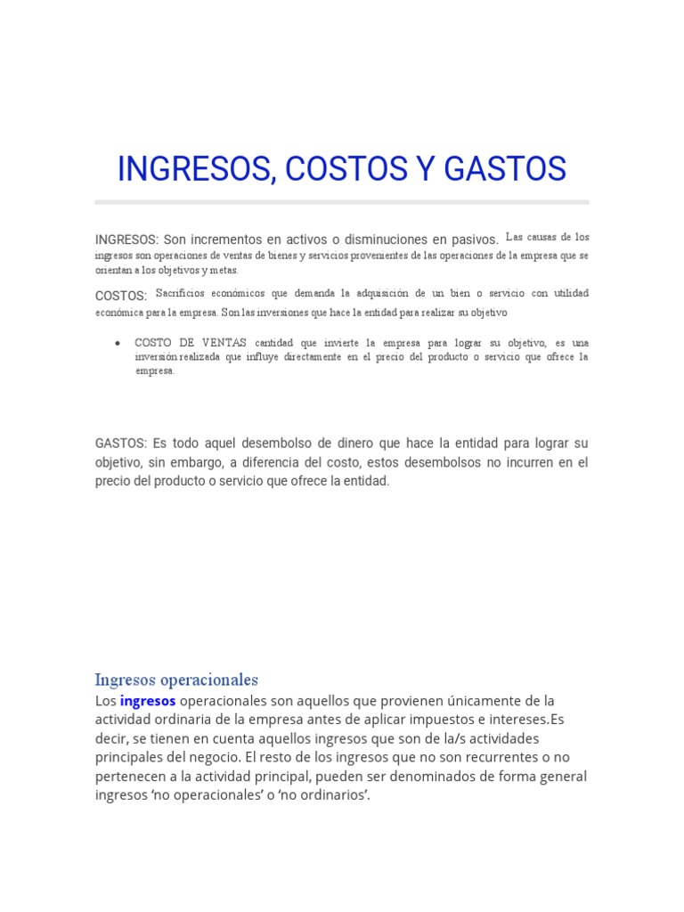 Ingresos y Costos: Definiciones Clave | PDF | Contabilidad | Costo
