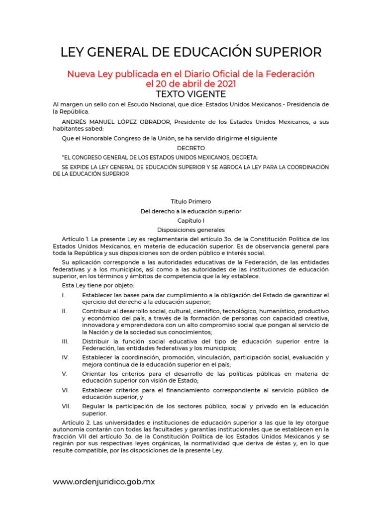 Ley General de Educación Superior 2021 | PDF | Educación más alta ...