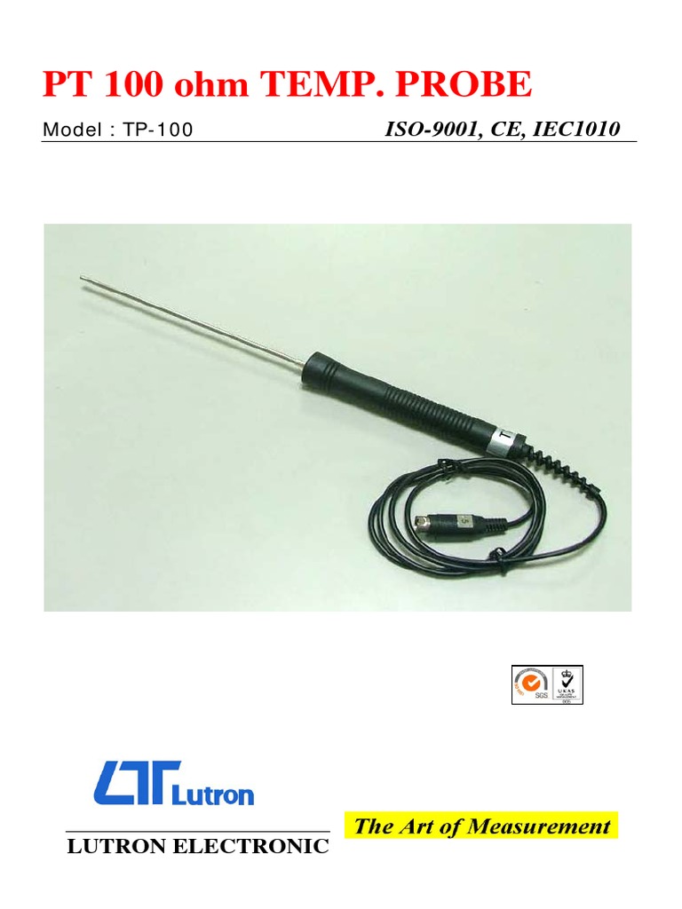 PT 100 Ohm Temp. Probe: ISO-9001, CE, IEC1010 | PDF