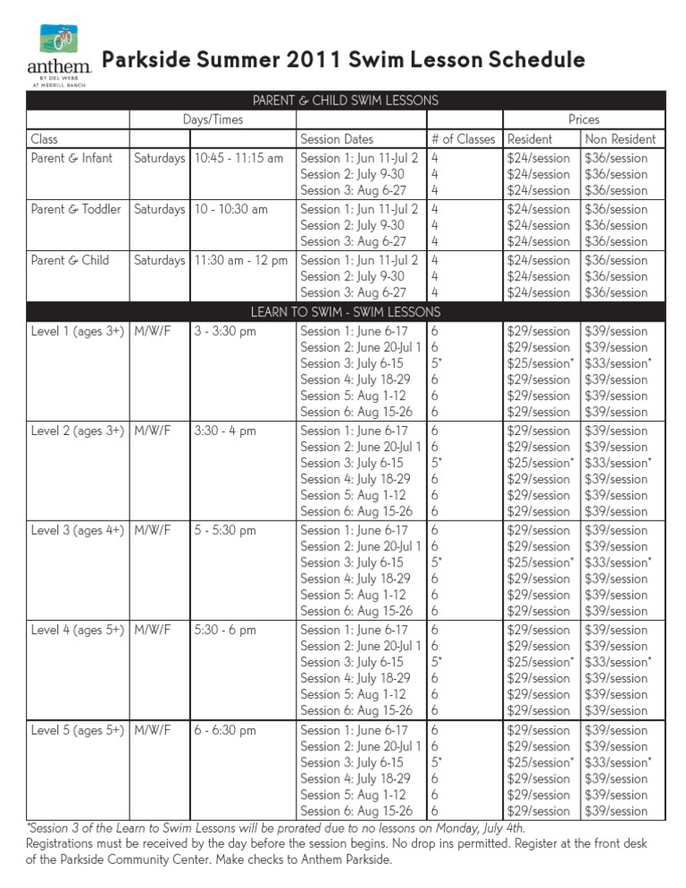 Summer Swim Lesson Schedule PDF Ageing Childhood