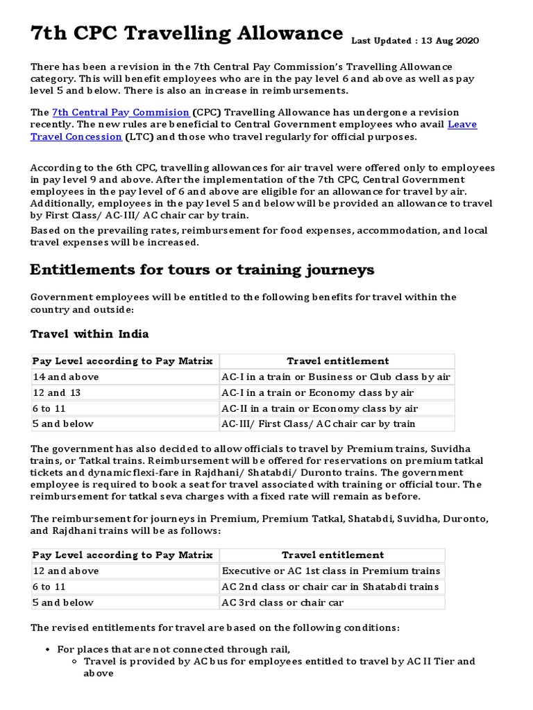 7th CPC Travelling Allowance: Entitlements For Tours or Training ...