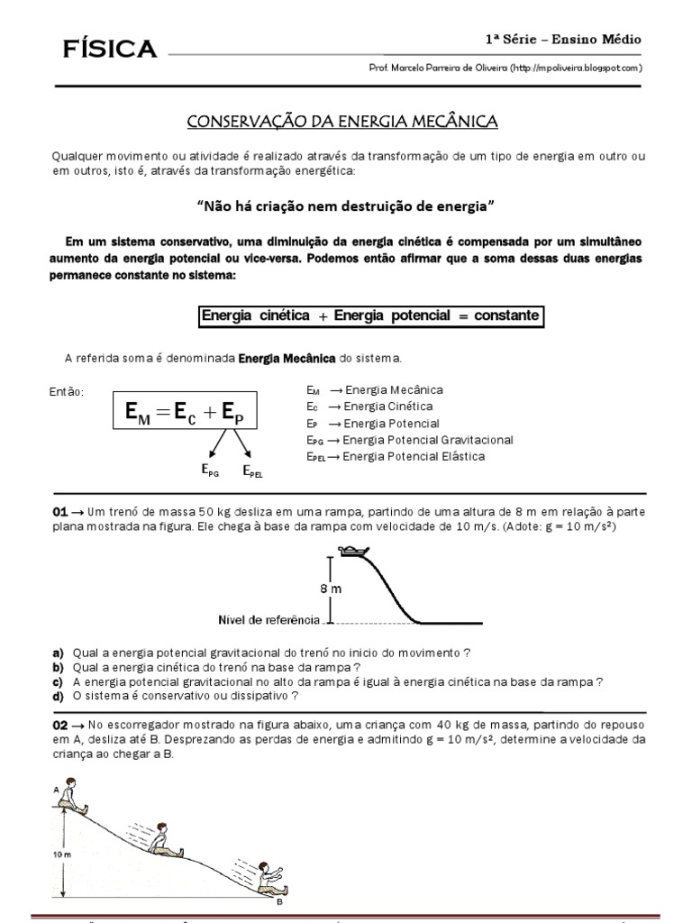Conservação da Energia Mecânica - Teoria e Lista de Exercícios ...