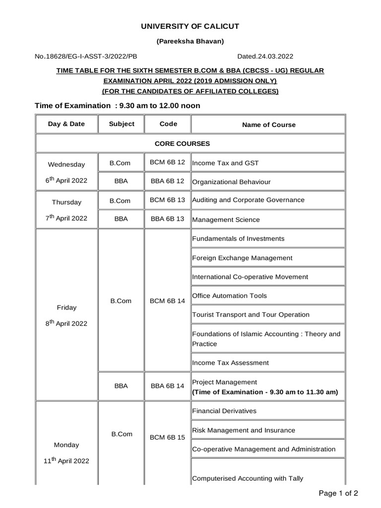 Calicut University 6th Sem Exam Time Table 2022 | PDF | Taxes | Public ...