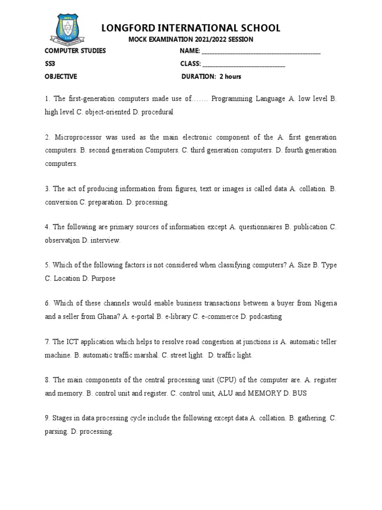 Dataprocessing Ss3 Mock 2nd Term | PDF | Operating System | Input/Output