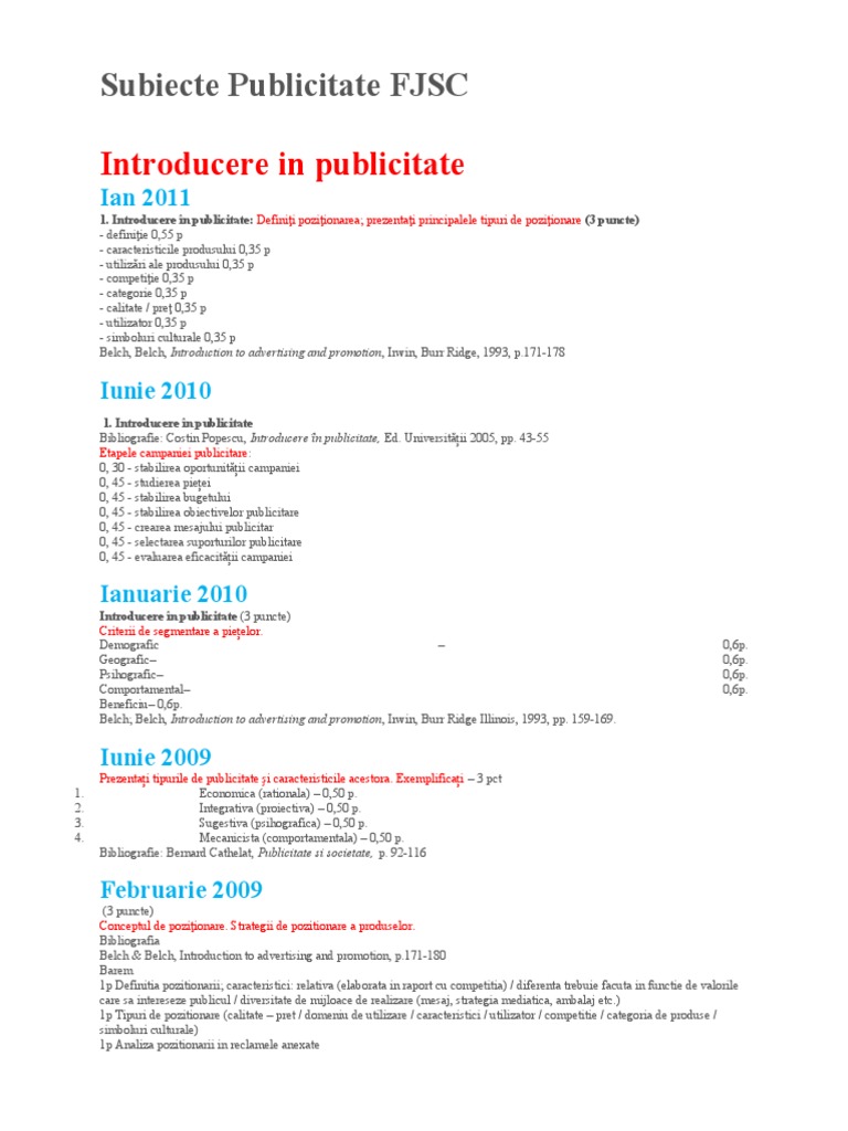 Subiecte Publicitate FJSC | PDF
