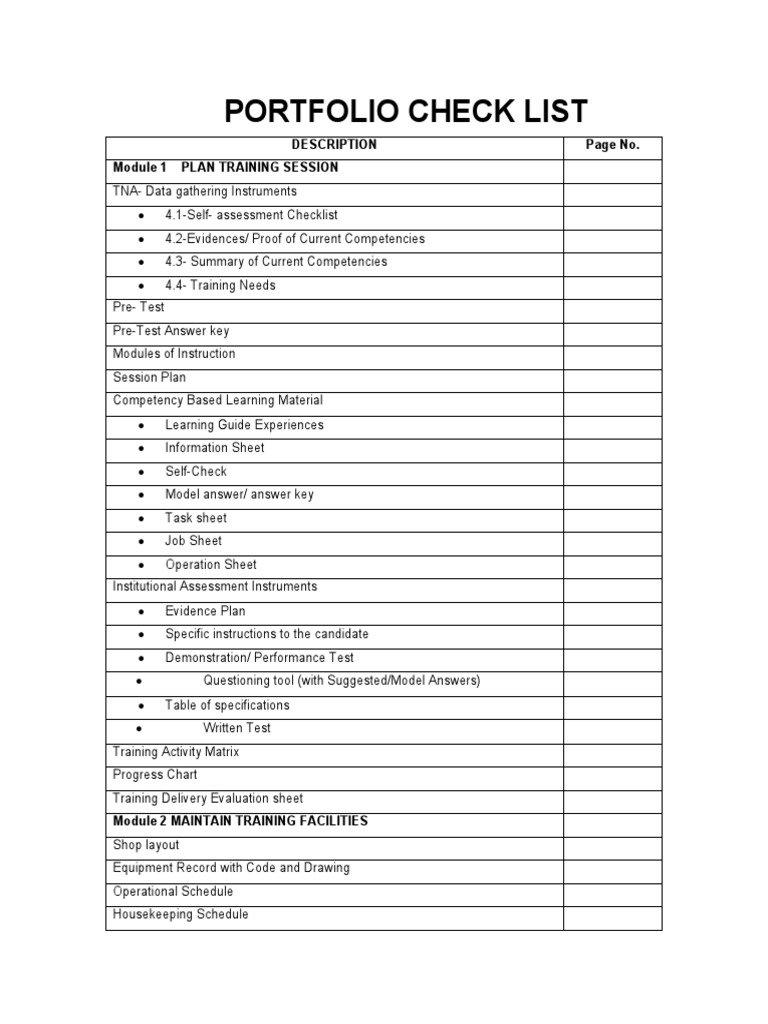 Portfolio Check List Description Page No. Module 1 Plan Training