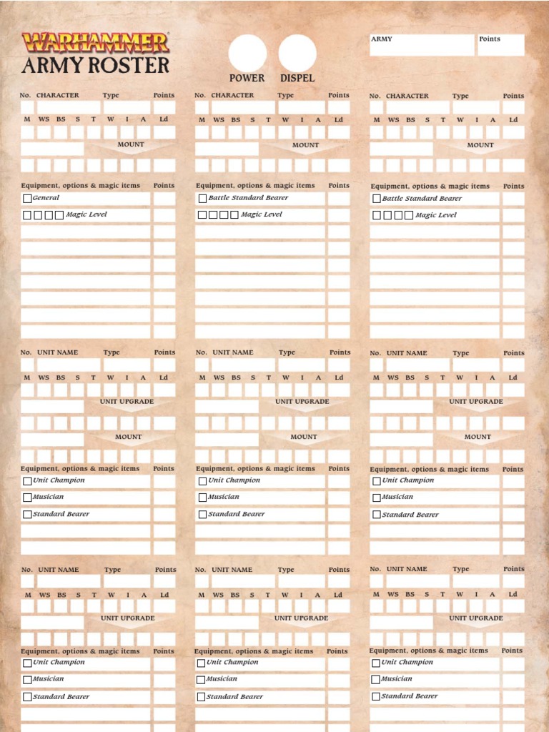 Warhammer Fantasy Army Roster | PDF | Role Playing Games | Fantasy Games