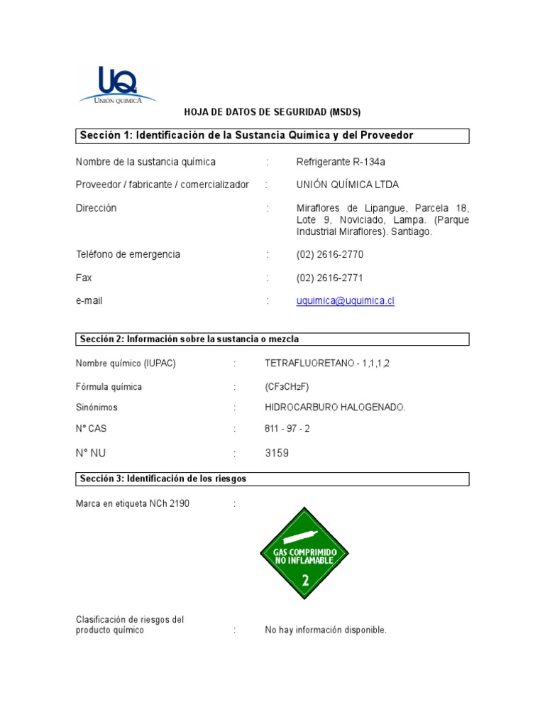 MSDS R-134a | PDF | Agua | Quemar