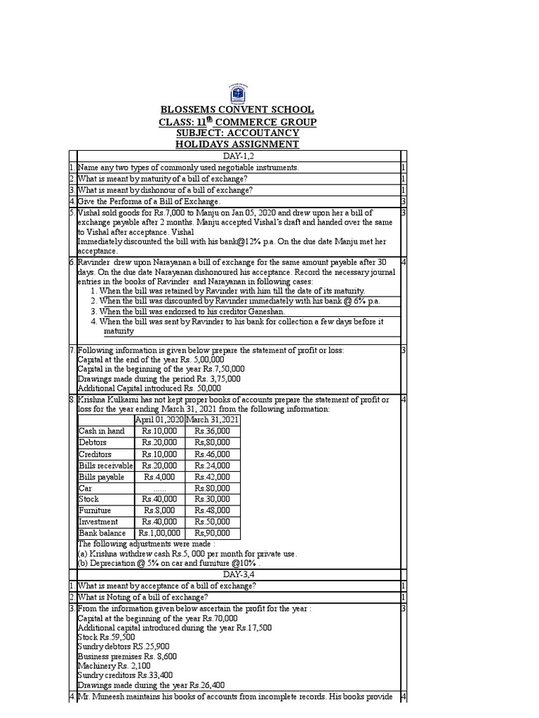 Class 11 Commerce Accountancy Assignment | PDF | Negotiable Instrument ...