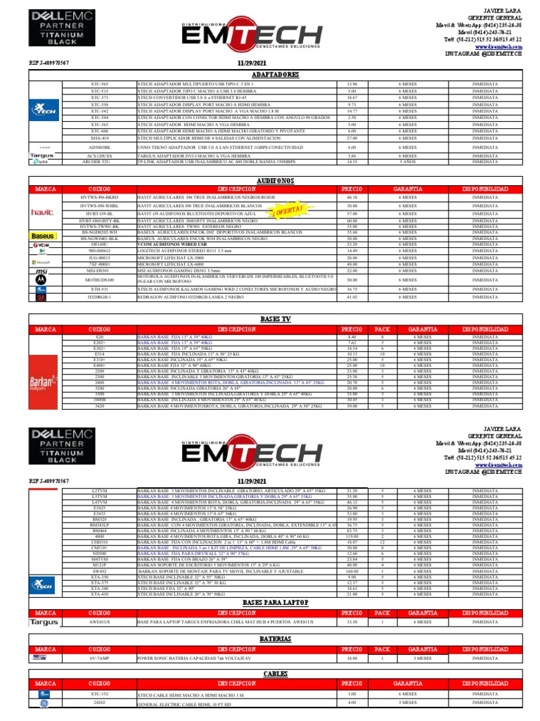 Lista de Precios Distribuidora Emitech 29112021 | PDF | Unidad de ...