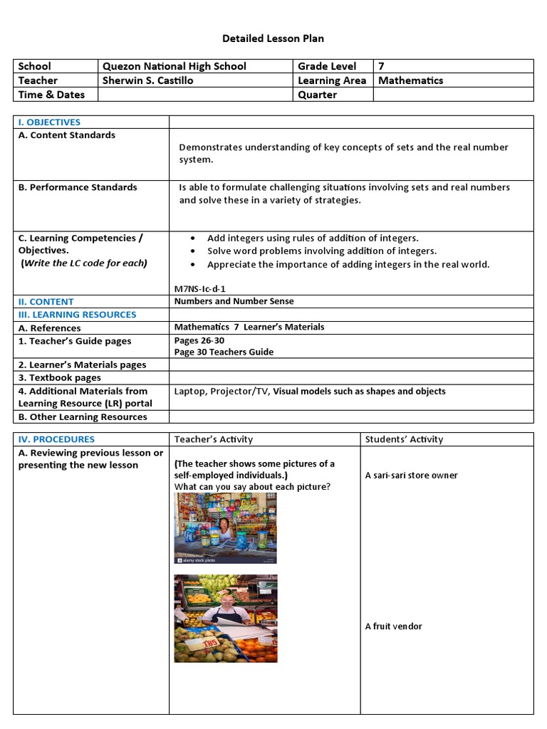 Grade 7 Detailed Lesson Plan: Integers | PDF | Numbers | Teachers