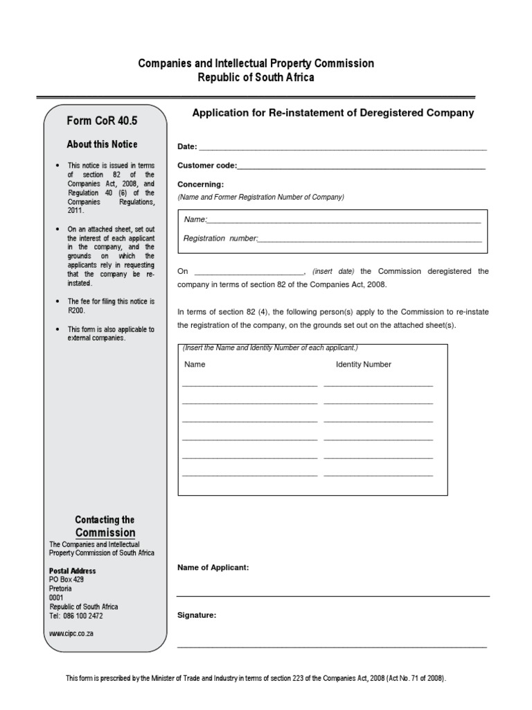 Reinstatement Application for Deregistered Company | PDF | Civil Law ...