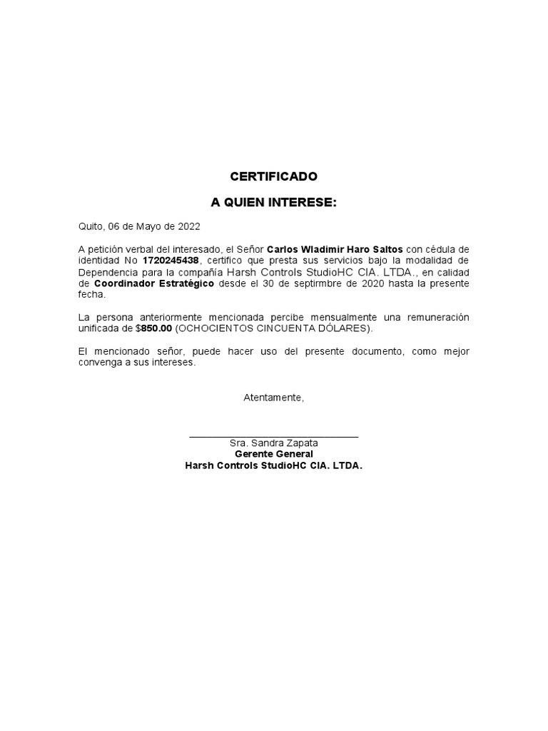 Certificado Laboral Carlos Haro | PDF