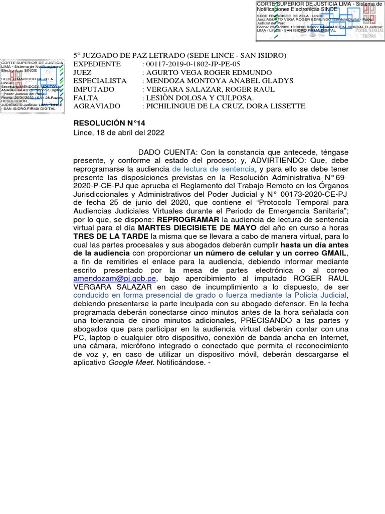 Exp. 00117-2019-0-1802-JP-PE-05 - Resolución - 00676-2022 | PDF