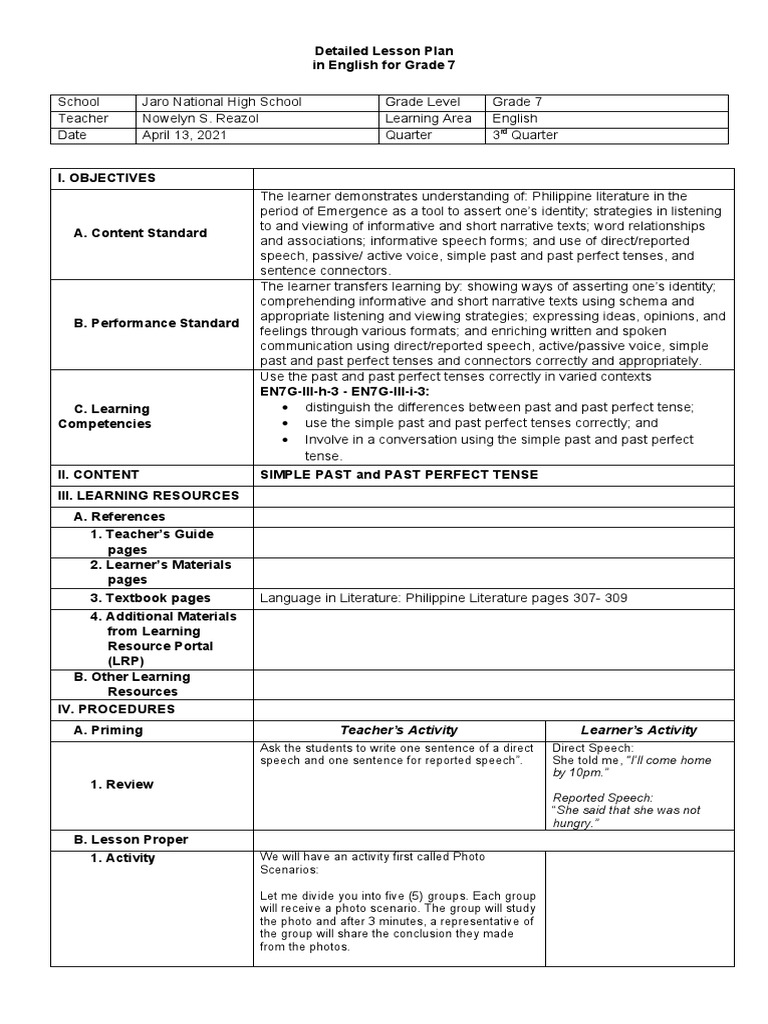 Past and Past Perfect Tense Lesson Plan | PDF | Perfect (Grammar ...