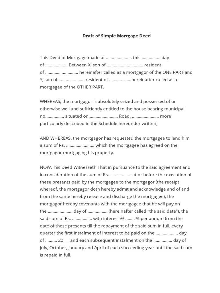 Simple Mortgage Deed Draft Template | PDF | Mortgage Law | Civil Law ...