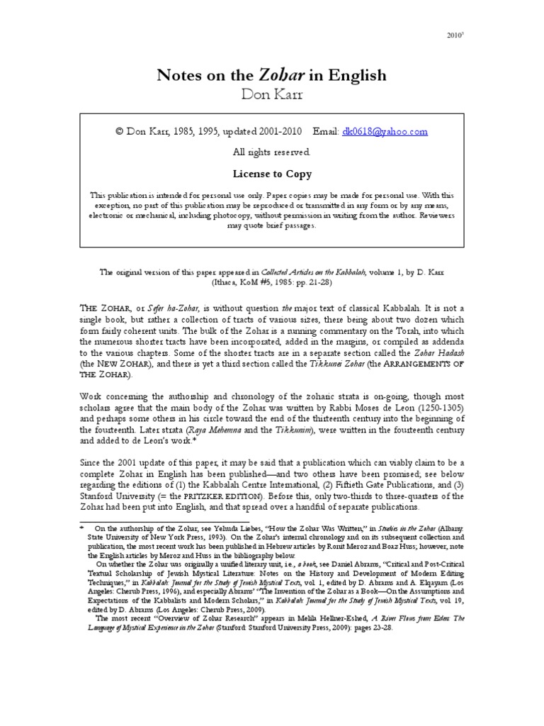 Notes On The Zohar in English PDF Zohar Kabbalah