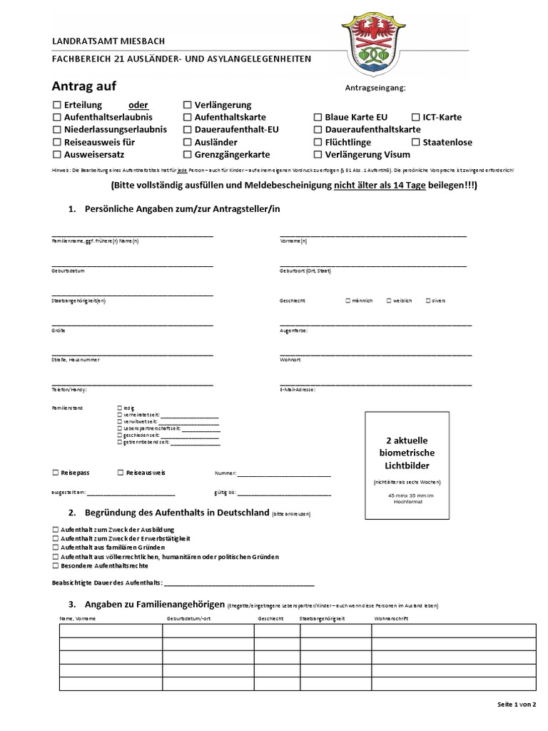 Antrag Auf Erteilung Eines Aufenthaltstitels Miesbach | PDF