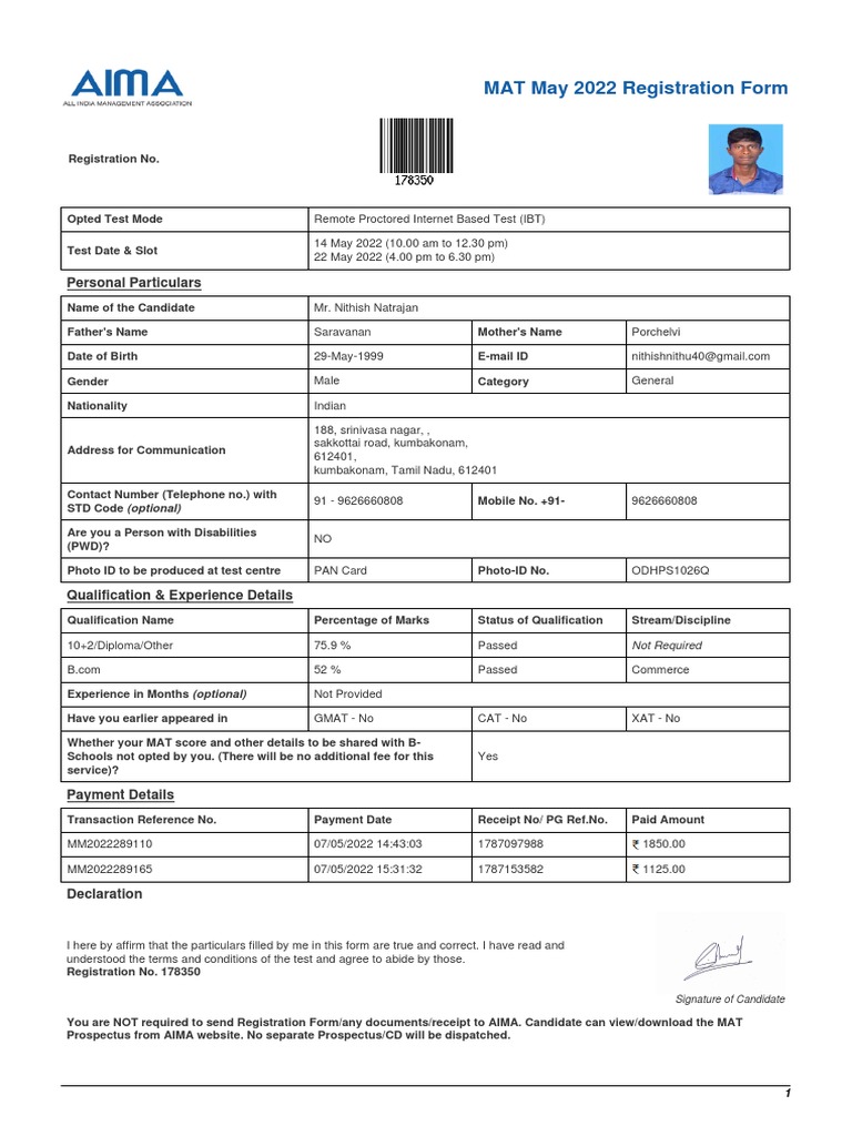 MAT May 2022 Registration Form Personal Particulars PDF