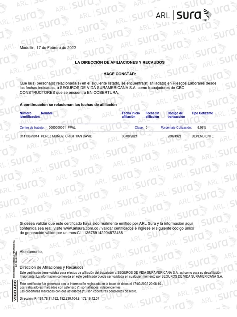 Certificado Afiliacion Arl Sura | PDF