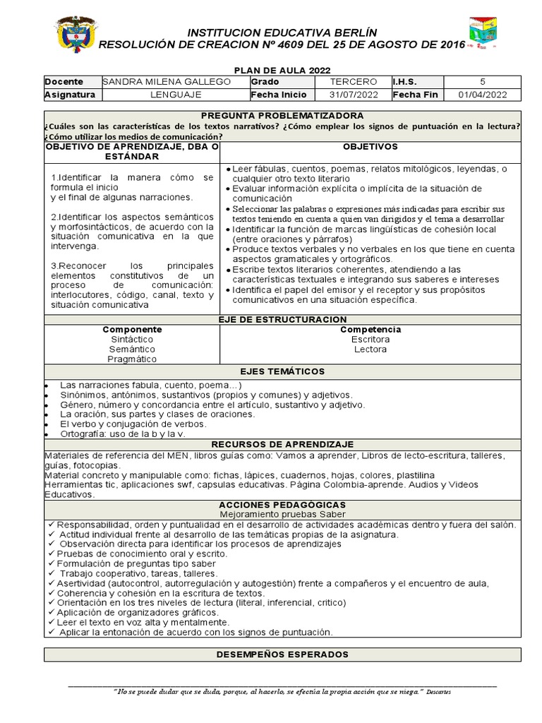 Grado Tercero Plan de Aula 2022. Lenguaje | PDF | Comunicación | Puntuación