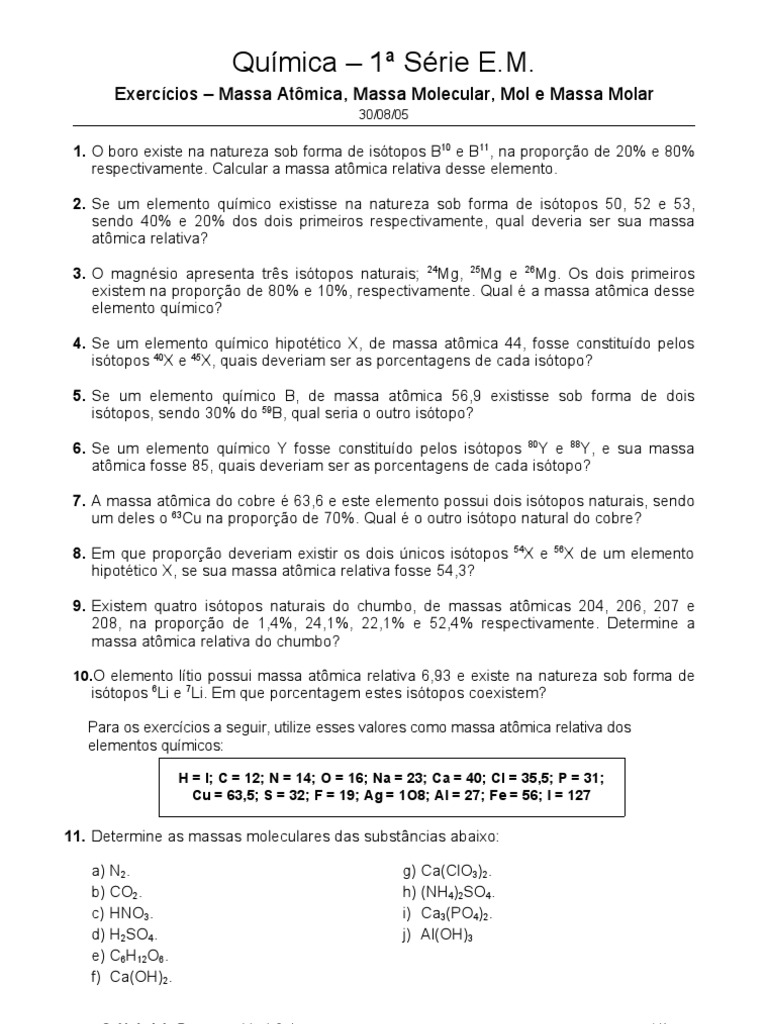 Exercícios de Massa Atômica e Molecular | PDF | Mol (unidade) | Massa ...