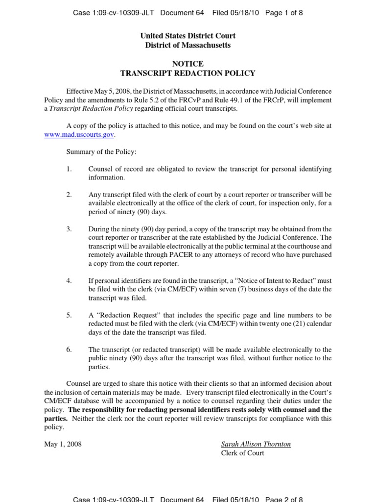 Massachusetts Court Transcript Redaction Policy | PDF | Cm/Ecf ...