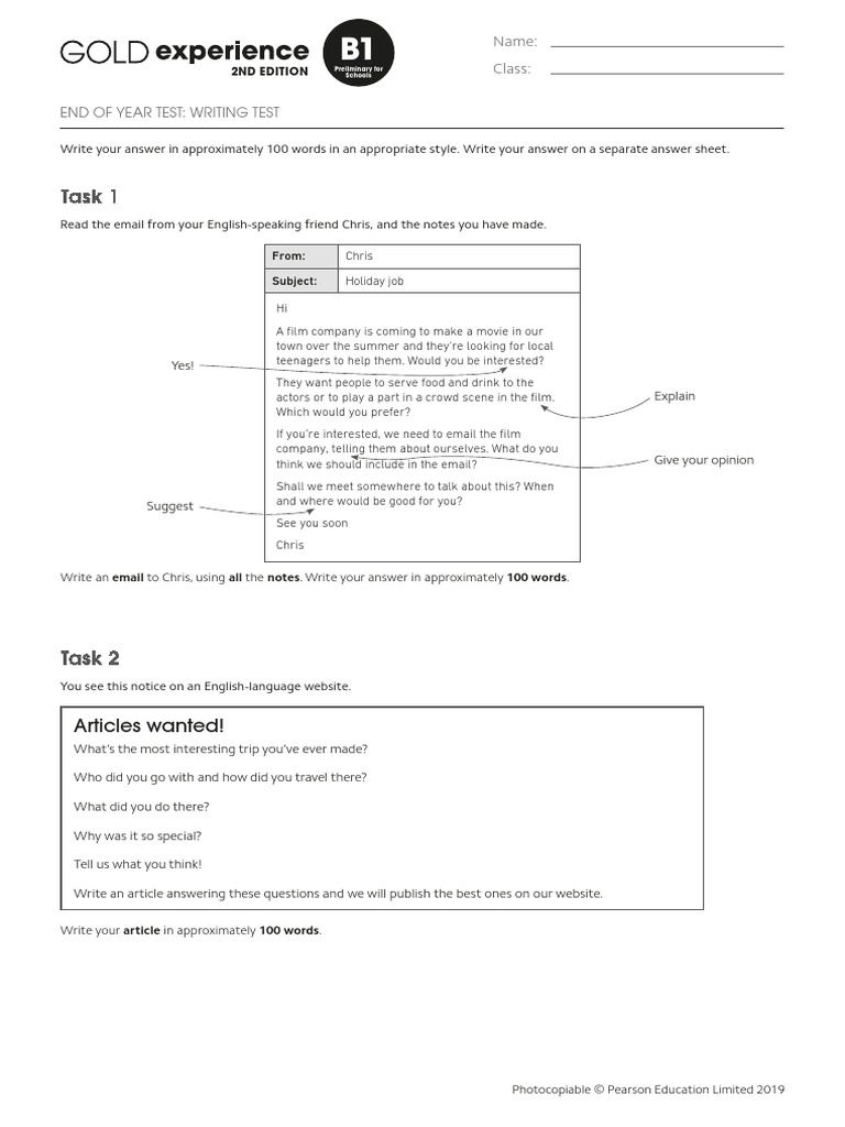 Gold Exp B1 EoY Writing | PDF