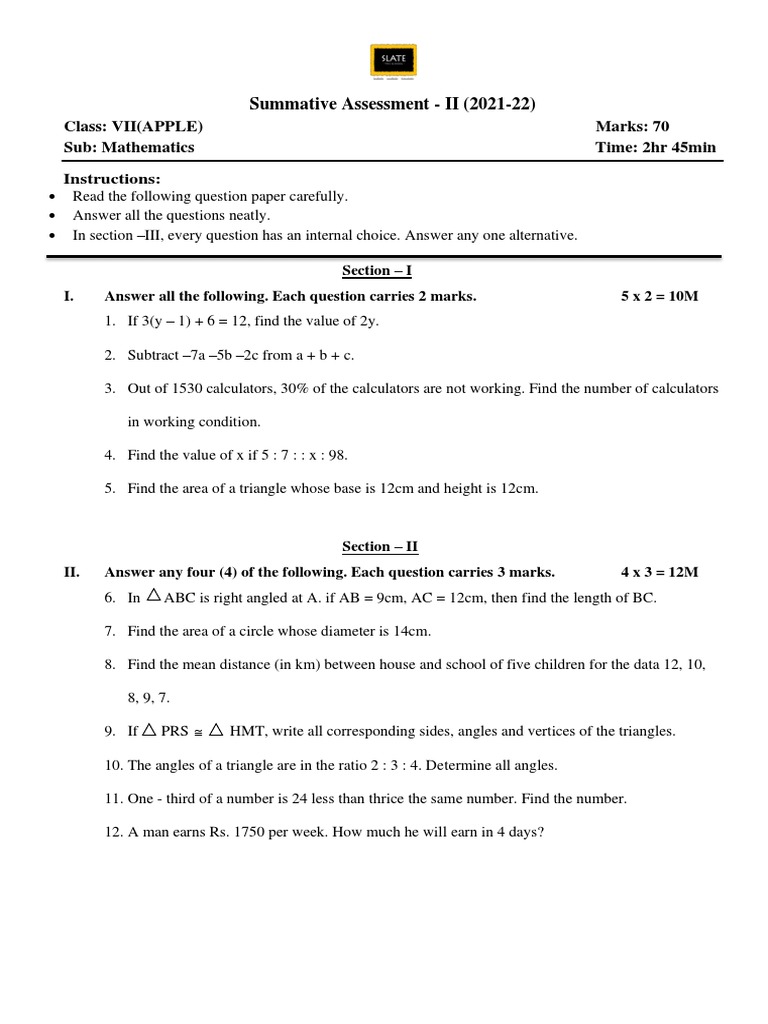 SA 2 maths class 7 | PDF | Triangle | Area