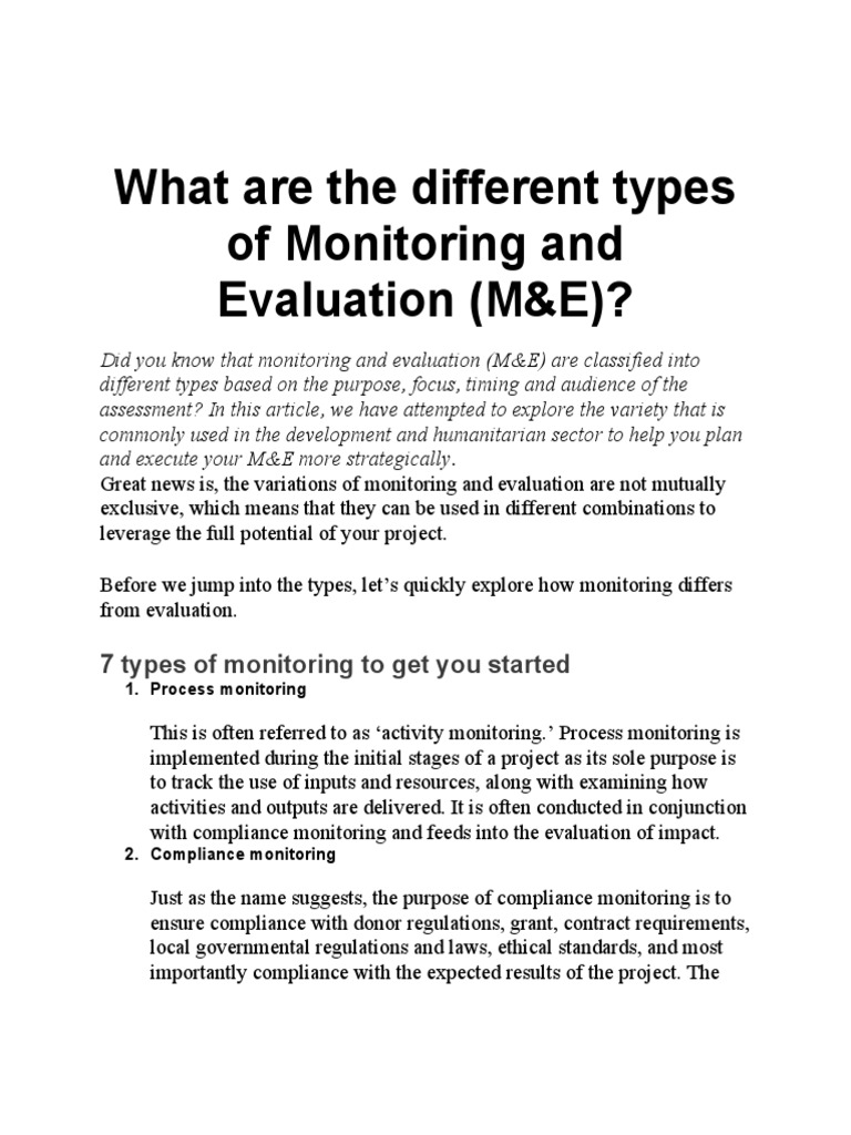 What Are The Different Types of Monitoring and Evaluation M&E PDF Evaluation Monitoring
