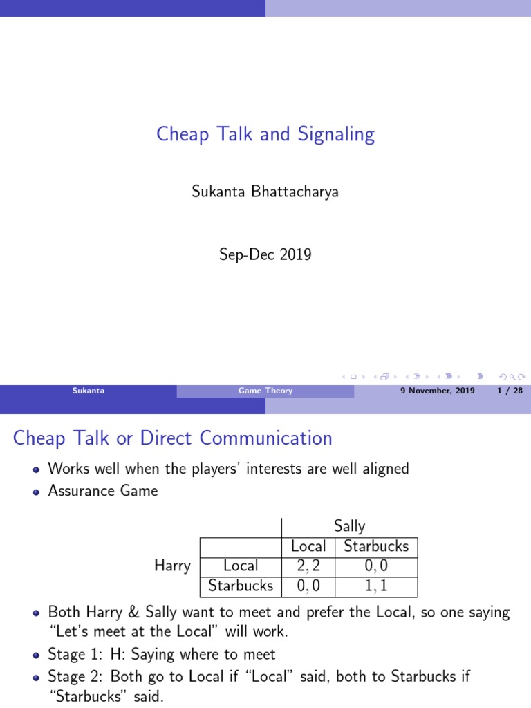 Cheap Talk and Signaling: Assurance Game Example