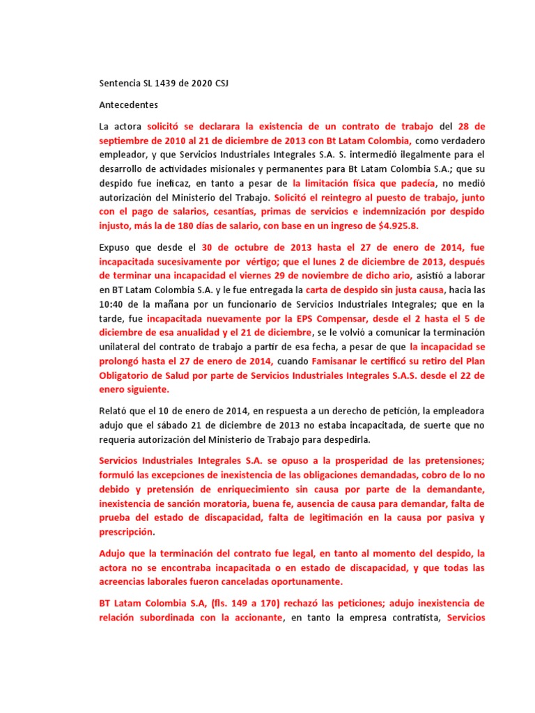 Sentencia SL 1439 de 2020 CSJ | PDF | Invalidez | Sentencia (ley)