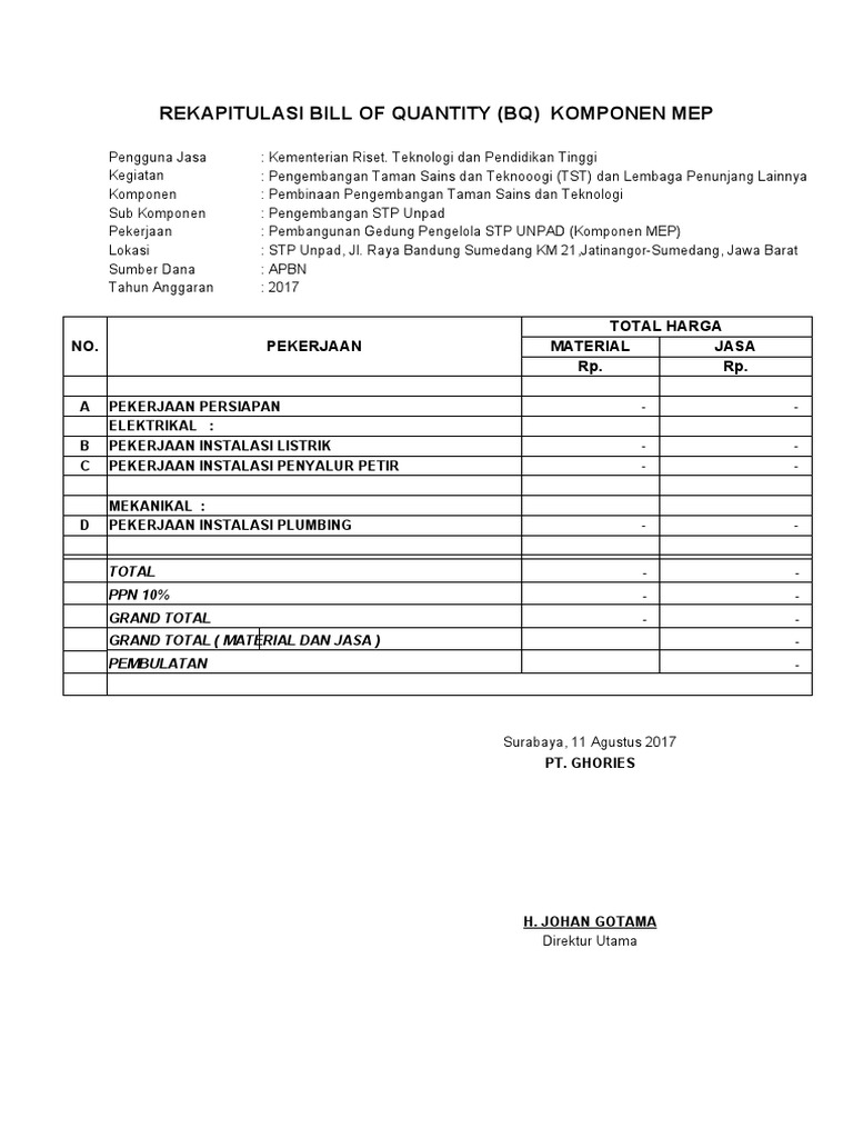 Rincian BQ Pekerjaan MEP STP Unpad | PDF