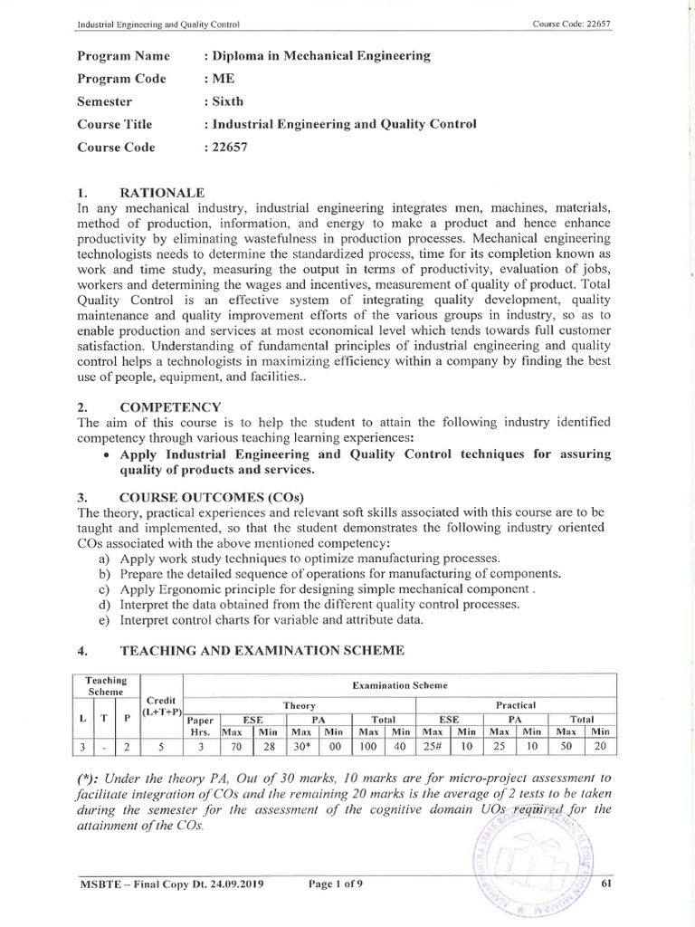 Industrial Engineering and Quality ControlSyllabus PDF