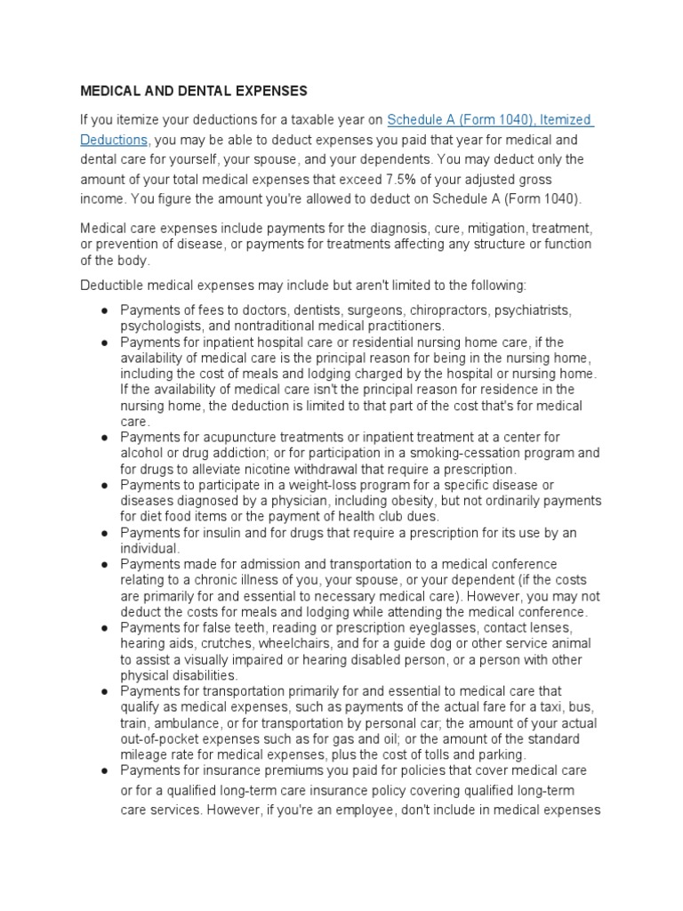 Schedule A (Form 1040), Itemized Deductions Medical and Dental