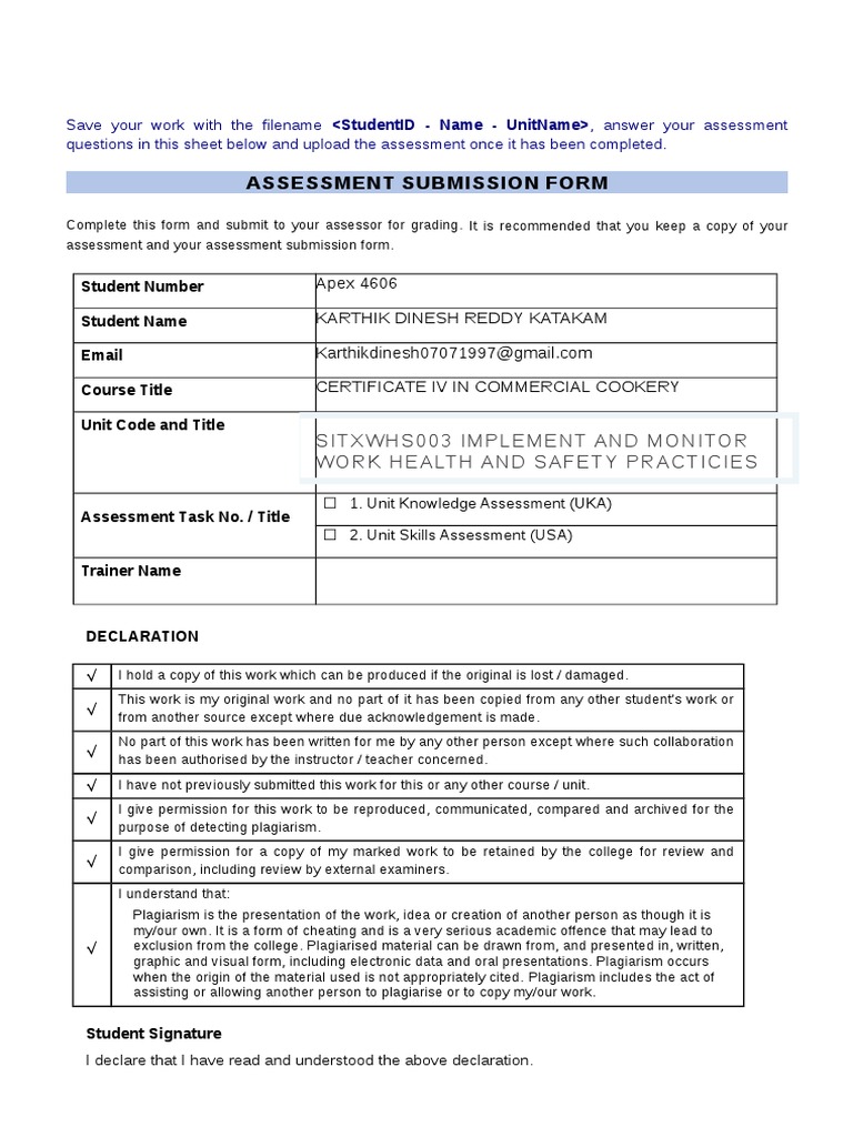 WHS Practices Assessment Submission | PDF | Occupational Safety And ...