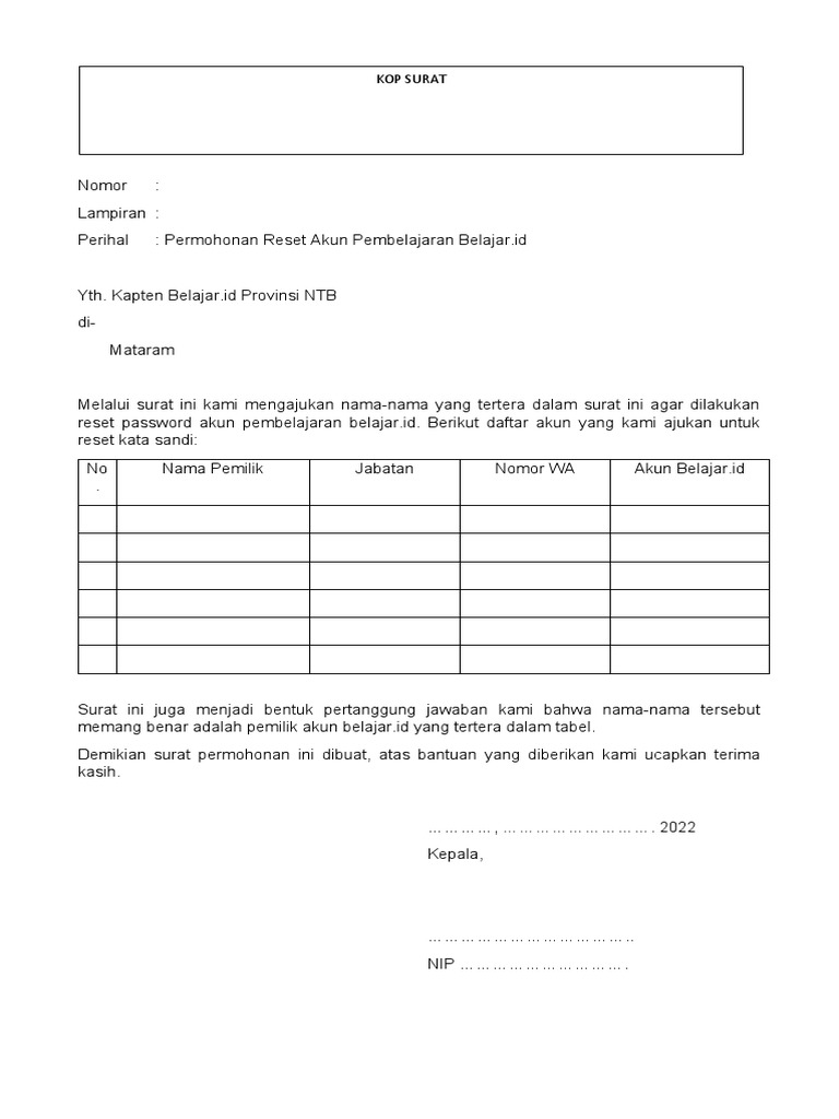 Surat Permohonan Reset Password Akun Belajar Id | PDF