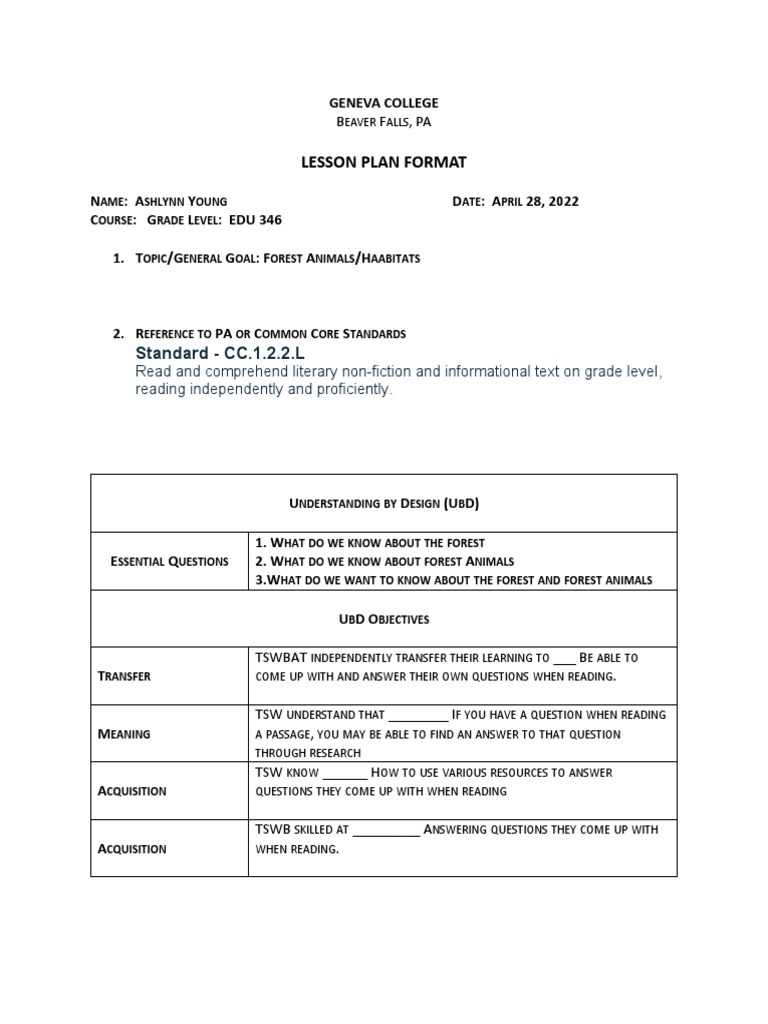 Lesson Plan Format: Standard - CC.1.2.2.L | PDF | Educational ...