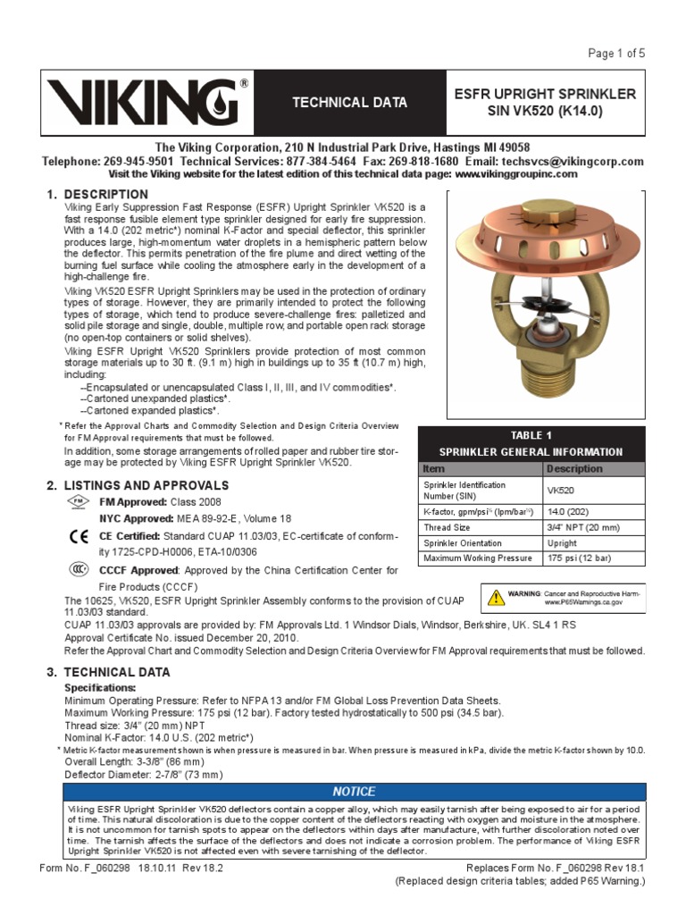 Viking Esfr Upright Sprinklers PDF Fire Sprinkler System Materials