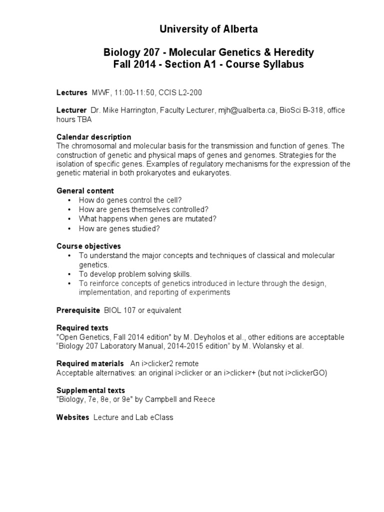 University of Alberta Biology 207 Molecular & Heredity Fall