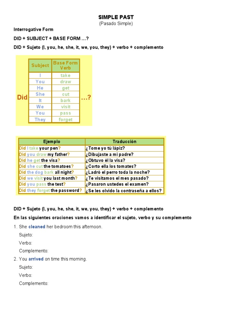 Simple Past Interrogative Exercises | PDF | Linguistics | Grammar