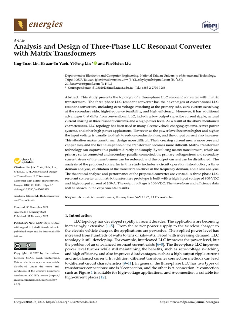 Energies analysis and design of three phase llc resonant converter